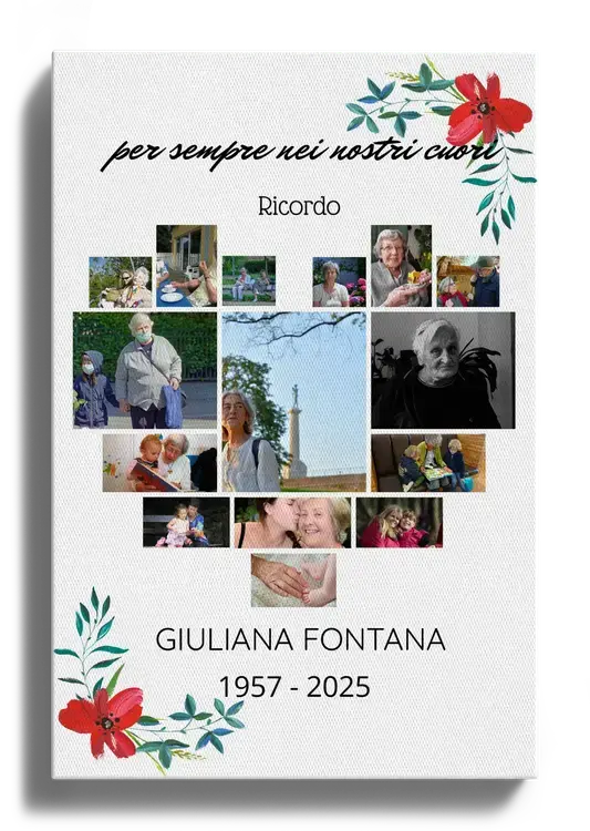 Collage Funebre a Cuore con Foto e Fiori